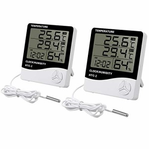 CAMWAY デジタル温度計 湿度計 2個 高精度 水槽温度湿度計 LCD大画面 時計 カレンダー 目覚まし時計 卓置き 壁掛け 最高最低＆屋内屋外温