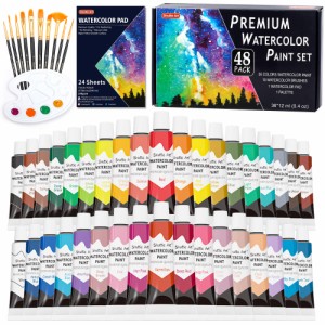 Shuttle Art 水彩絵の具 36色透明水彩 48点セット 筆10本 パレット 水彩紙付 12ml チューブ 大人の塗り絵 水彩画 お絵描き 美術 画材セッ