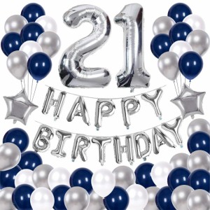 68枚 21歳 誕生日 飾り付け セット 数字バルーン 組み合わせ 「HAPPY BIRTHDAY」バナー ブルー シルバー 風船 誕生日 デコレーション 男