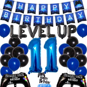 ビデオゲーム １１歳の誕生日パーティー飾り 風船 ブルーとブラック パーティー飾り付け 誕生日 子供 男の子 バナー ゲームコントローラ 