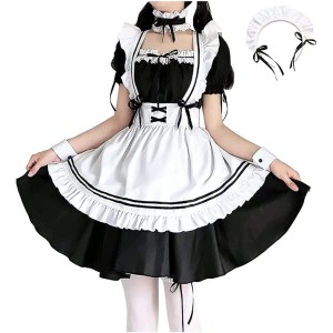 [ANONIE] メイド服 コスプレ仮装 初心者 セット かわいい コスチューム ホワイト+ブラック 豪華セット 3XL