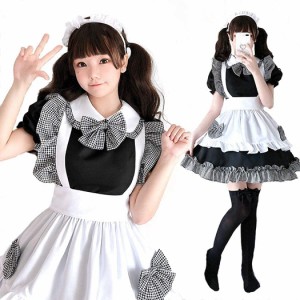 [JUNDOMECY] 可愛い チェック柄 メイド服 高品？セット 大きい sサイズ メイド コスプレ 半袖 フリル 黒 白 衣装 エプロン カチューシャ 