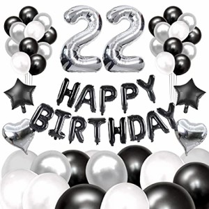 60枚 22歳 誕生日 飾り付け セット 数字バルーン 組み合わせ 「HAPPY BIRTHDAY」バナー ブラック シルバー 風船 誕生日 デコレーション 
