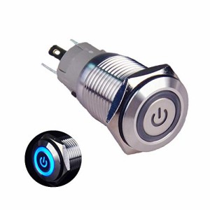Hosiakly ロック型 押しボタンスイッチ オルタネート 電源マーク LEDリング IP67防水 12V 16mm カプラー付き 青