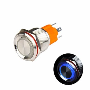 Hosiakly 10A/100V モーメンタリ 押しボタンスイッチ 瞬間型 LEDリング IP67防水 19mm カプラー付き 青