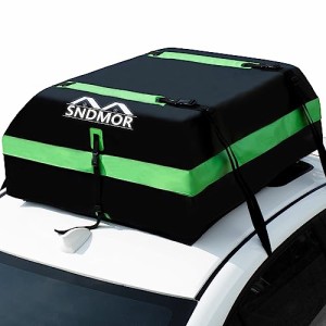 SNDMOR ルーフボックス、15 立方フィート 滑り止めパッド付き防水ルーフ バッグ + 4 つの補強ストラップ + 6 つのドア フック（緑）