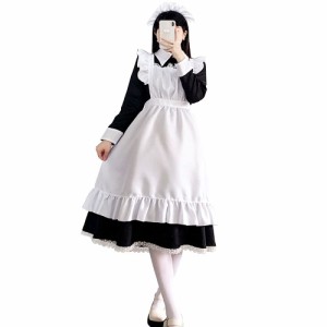 [FULINE] メイド服 ロングスカート 英国風 コスプレ衣装 長袖 レディース エプロン ドレス コスチューム 仮装 女装 学園祭 長袖 ロング M