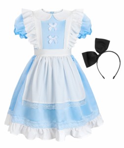 [ReliBeauty] ハロウィン コスチューム 仮装 プリンセス ドレス 子供 女の子 コスプレ メイド ロリータ 水色 ワンピース 白いエプロン カ