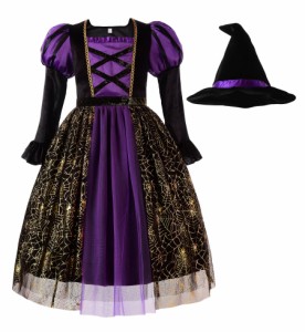 [ReliBeauty] ハロウィン 仮装 子供 女の子 魔女 ウィッチ 魔法使い コスプレ 衣装 長袖 ワンピース キッズ コスチューム ドレス とんが