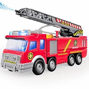 Tcvents 消防車 おもちゃ はしご消防車 噴水 屈折はしご車 働く車 男女子両用 LEDライト付き リ 自動的に走る プレゼント 誕生日 クリス