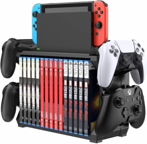 多機能縦置きスタンド for Switch Xbox PS4 PS5 15枚ゲームソフト収納 大容量 Switch/PS4/PS5/Xbox コントローラー ゲームヘッドセット 