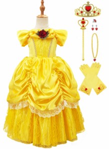 [Axaxa] ベル ドレス 子供 プリンセス ドレス キッズ コスチューム (美女と野獣風ドレス, リボン付グローブ, ハートのティアラ, 魔法のス