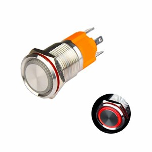 Hosiakly 10A/9-24V モーメンタリ 押しボタンスイッチ 瞬間型 LEDリング IP67防水 16mm カプラー付き 赤