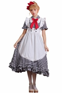 [RPFLQ] 【2023新設計】 メイド服 チェック柄 ロング 喫茶店 3色展開 コスプレ ワンピース ロリータ 半袖 日常 萌え ハロウィン 仮装 レ