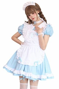 [RPFLQ] メイド服 コスプレ 4色展開 ハロウィン 仮装 ブラック レッド ブルー ピンク レディース エプロン 衣装 半袖 可愛い 萌え イベン