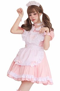 [RPFLQ] メイド服 コスプレ 4色展開 ハロウィン 仮装 ブラック レッド ブルー ピンク レディース エプロン 衣装 半袖 可愛い 萌え イベン