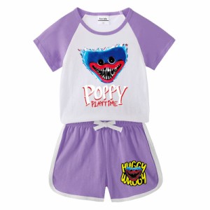 PRABOS Poppy Playtimeハギーワギー Tシャツ上下セット服 子供服衣装 プルオーバー 春夏秋 ホラーゲーム 怖い 人気 ゲーム怪獣 仮装 変装