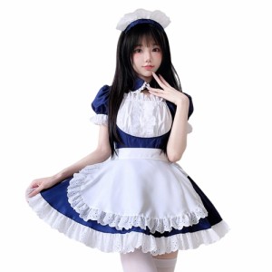 [YAISHN] メイド服 ハロウィン 仮装 ゴスロリ 人気 首飾り ブルー ワンピース レディース 可愛い ロリータ コスプレ 半袖 カチューシャ 