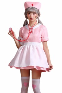 [UPENC] ナース コスプレ ハロウィン 仮装 ピンク 医者 看護婦 制服 カチューシャ 可愛い レディース 大人用 ワンピース cosplay 半袖 聴