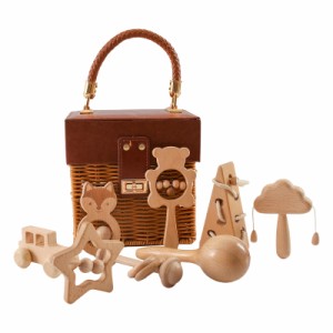 Wooden Teether ガラガラ ラトル 出産祝い おもちゃ 木製 ひも通しおもちゃ 手押し車 ベビーおもちゃセット 木のおもちゃ 無塗装 8個セッ