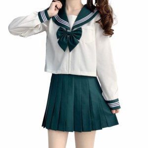 [GSYCL] セーラー服 長袖 グリーン 女子高校生 3点セット ハロウィン 衣装 JK 制服 コスチューム 上下セット スカート 蝶結び付き リボン