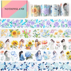 NOTIONSLAND マスキングテープ 可愛い 美し 花 女の子 手帳 DIY 和紙 透明PET テープ 広幅 (4巻ギフトボックス)