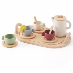 Wooden Teether アフタヌーンティーセット おもちゃ おままごと 木のおもちゃ シリコン製 お茶会 ティーセット ティートレイセット ごっ