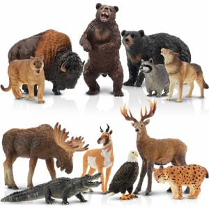 TOYMANY 12PCS北アメリカ 森の動物フィギュア 野生動物フィギュアセット リアルな動物模型おもちゃ 動物園主題 玩具 オオカミ トナカイ 
