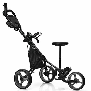 GYMAX ゴルフカート ゴルフ用カート ゴルフキャリー 傘差しホルダー 椅子付き 乗れる 3輪 折りたたみ 高さ調節可能 収納 コンパクト プッ