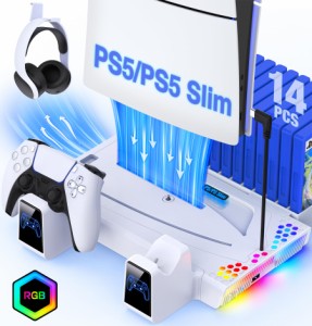 」ps5 slim スタンド 縦置き 冷却ファン付き放熱 PS5/PS5 Silm コントローラー 充電スタンド 2台同時充電 新型ps5 3段階風速調整可能？RG