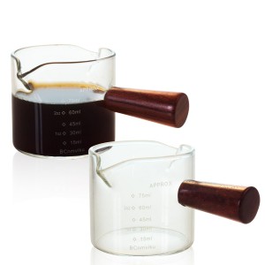 計量カップ エスプレッソショットグラス 目盛り付き 木製ハンドル付き ダブルスパウトミルクカップ コーヒー ミルク 水 お酒グラス 調理