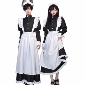 [神併良品] 英国風 メイド服 ロング 黒白 ワンピース コスプレ衣装 4点セット クラシカル 長袖 男女兼用 大きいサイズ 男の娘 メイド コ