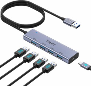 TSUPY USB3.0ハブ 5ポート ，USB ハブ3.0 120CM延長ケーブル usb hub アルミシェル セルフ/バス両対応 5Gbps高速転送 USB-A 4ポート USB-