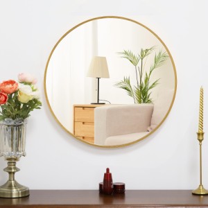 鏡 壁掛けミラー 丸鏡 円形ミラー バスルームミラー ウォールミラー アルミフレーム 化粧鏡 玄関 洗面 トイレ(ゴールド 直径30cm)