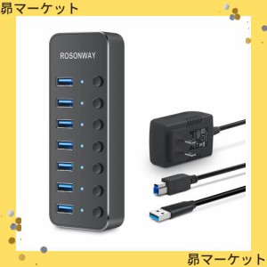 ROSONWAY USBハブ 3.0 電源付き 7ポート USB Hub アルミ製 5Gbps高速転送 セルフパワーとバスパワー両用 5V 電源 独立スイッチ付き