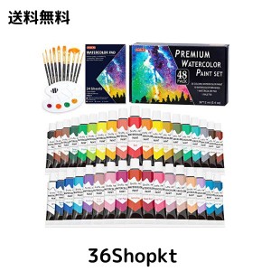 Shuttle Art 水彩絵の具 36色透明水彩 48点セット 筆10本 パレット 水彩紙付 12ml チューブ 大人の塗り絵 水彩画 お絵描き 美術 画材セッ