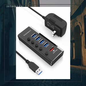 ROSONWAY 2022 USB ハブ 電源付きアルミ製 4ポートUSB3.0高速拡張+1つの急速充電ポートUSB Hub セルフパワー 12V/2A ACアダプタ 独立スイ