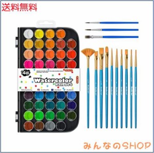 Shuttle Art 固形水彩絵具 48色セット 固体水彩 水彩絵の具 ブラシ13本 パレット 透明 溶けやすい 速乾 大人の塗り絵 水彩画 お絵描き 野