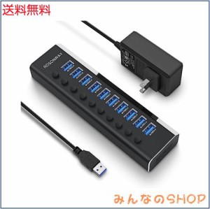 USB3.0ハブ 電源付き ROSONWAY 10ポート USBハブ アルミ製 5Gbps高速転送 セルフパワー USB拡張 独立スイッチ付 12V/3A ACアダプタ付き(R