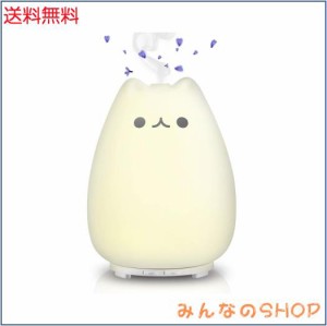 萌えニャンコ アロマ 加湿器 卓上 アロマディフューザー - 超音波式 6畳 間接照明 電球色 空焚き防止 1時間/6時間設定 ふわふわ おしゃれ