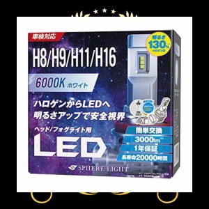 スフィアライト 車用 LEDヘッドライト H8/H9/H11/H16 (フォグライト兼用) カラー6000K/純白色 明るさ3000lm 車検対応 SLASH11060