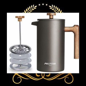 POLIVIAR フレンチプレス 1L コーヒープレス 真空断熱 保温 コーヒーメーカー french press ステンレス製 カフェプレス 大容量 軽量 コー