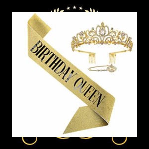 [huazontom] 誕生日 王冠 たすき ブローチ 3点セット 「BIRTHDAY QUEEN」 ティアラ パーティーグッズ 誕生日カチューシャ パーティーハッ
