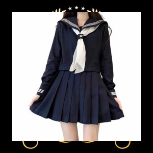 [GSYCL] セーラー服 紺色 女子高生 3点セット ハロウィン 仮装 JK 制服 コスチューム 長袖 前開き 上下セット プリーツスカート 人気 女