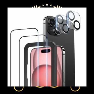 NIMASO ガラスフィルム (2枚) + カメラフィルム (2枚) iPhone15用 全面保護 強化ガラス フィルム ガイド枠付き カメラ保護 レンズカバー 