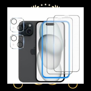 【アンチグレア】 iPhone15 ガラスフィルム さらさら 【2枚】＋ iPhone15 カメラフィルム 【2枚】 【ガイド枠付き】 液晶保護 フィルム 