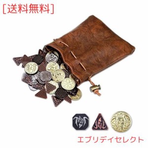 60PCS レザーポーチ付きDNDコイン、金属コインの金、銀、銅のコイン、ボードゲーム用のファンタジーコイン、ゲームトークンの偽造コイン