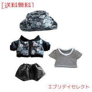 niannyyhouse 20cm人形の服 綿人形の服 クマ柄ハットコート ストライプTシャツ 革パンツ 人形ベビー服 着せ替え ぬいぐるみ 用 (B)