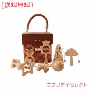 Wooden Teether ガラガラ ラトル 出産祝い おもちゃ 木製 ひも通しおもちゃ 手押し車 ベビーおもちゃセット 木のおもちゃ 無塗装 8個セッ