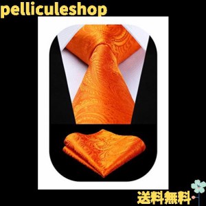 [ヒスデン] ペイズリー柄 ネクタイ メンズ 結婚式 ネクタイ ポケットチーフ セット オレンジ シルク 洗える ブランド 高級 フォーマル 就